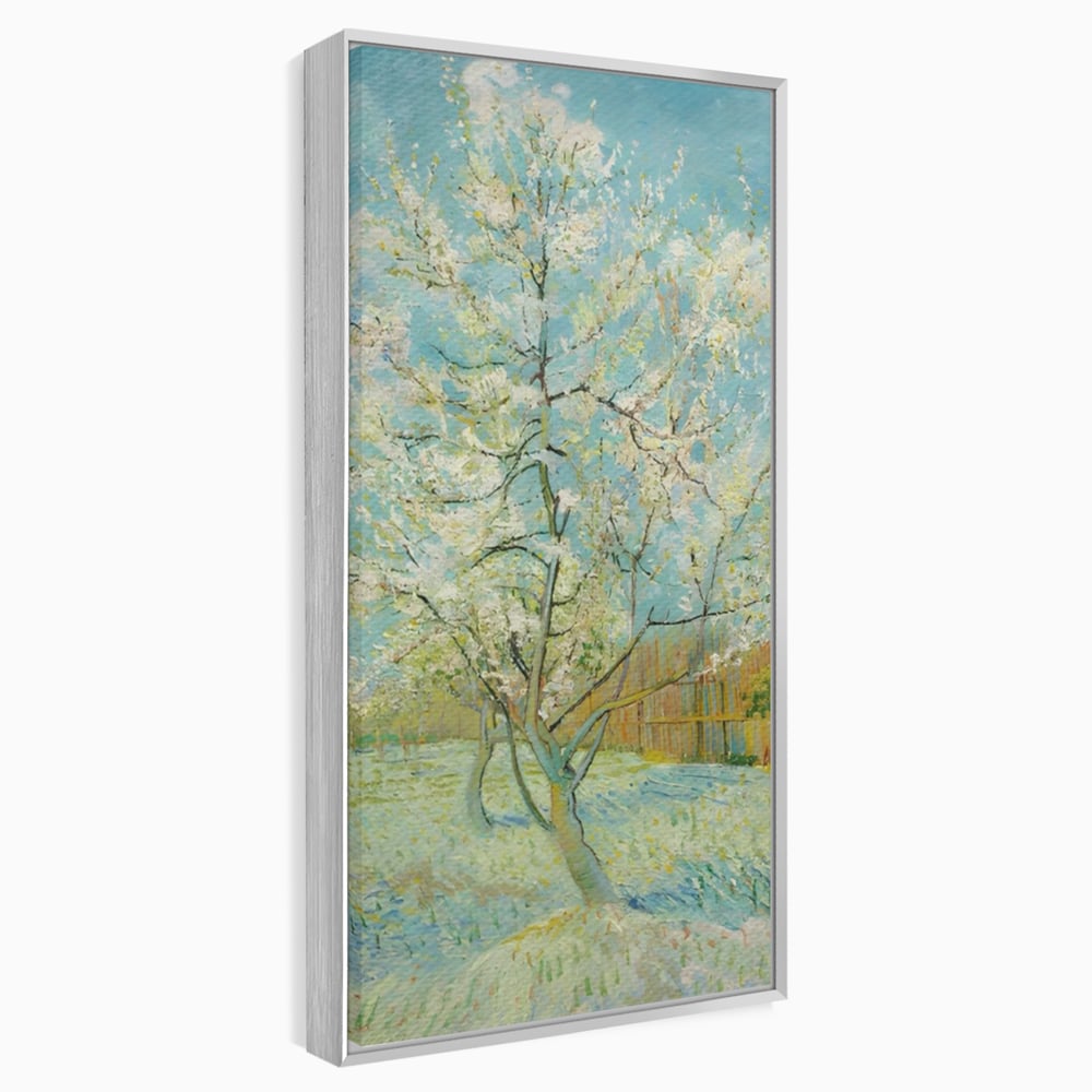 Tablou canvas cu pictura cu un copac inflorit primavara, in rama de aluminiu argintiu